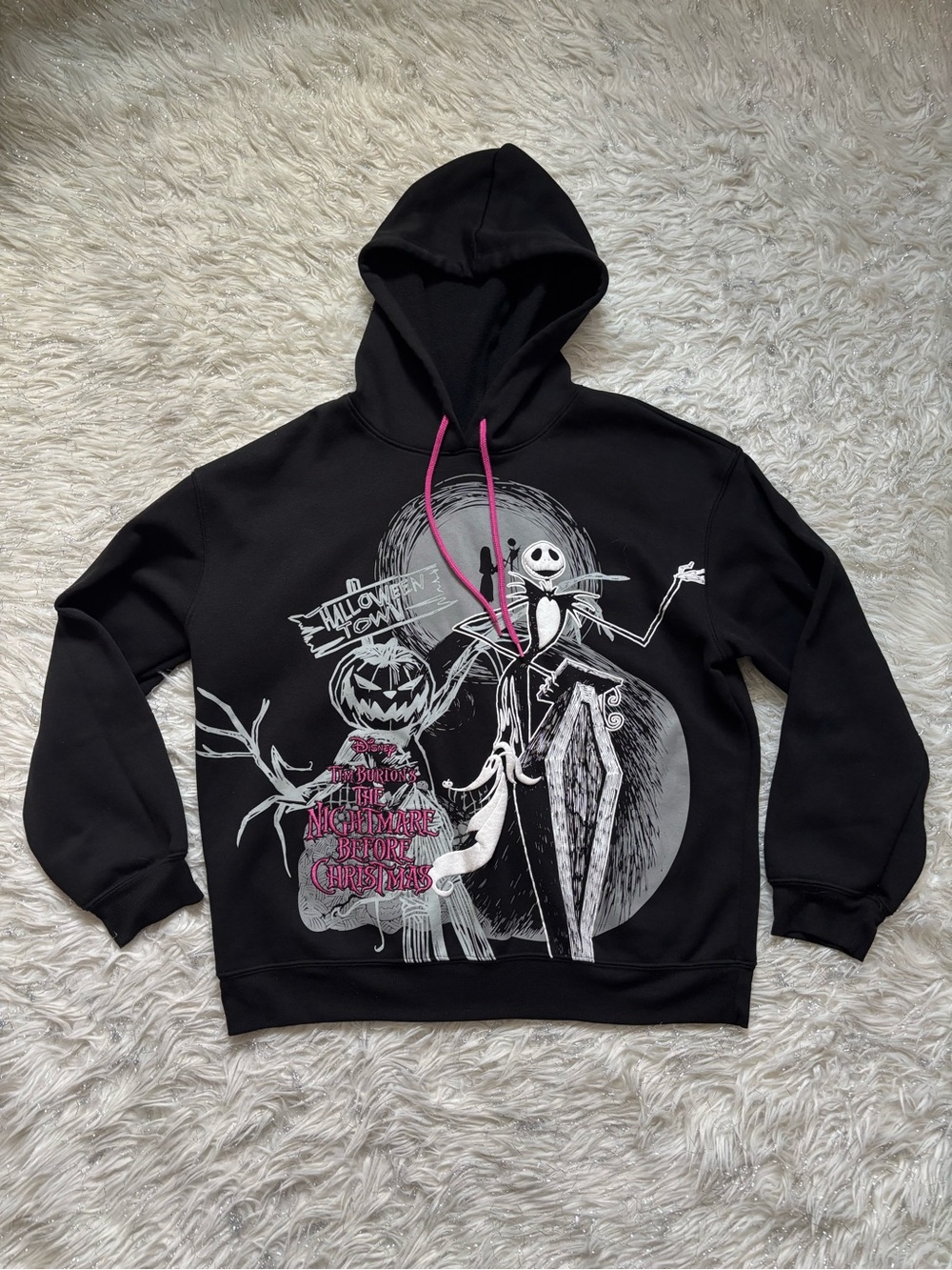 Disney Black Girl Embroidered with Pink Drawstrings Hoddie Size L(12-14)